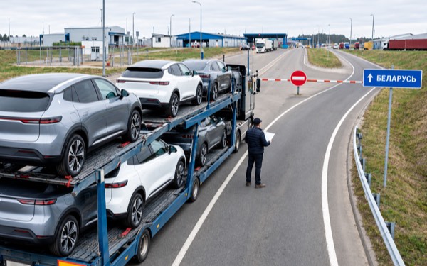 Автовоз с легковыми автомобилями у шлагбаума на въезде в Беларусь